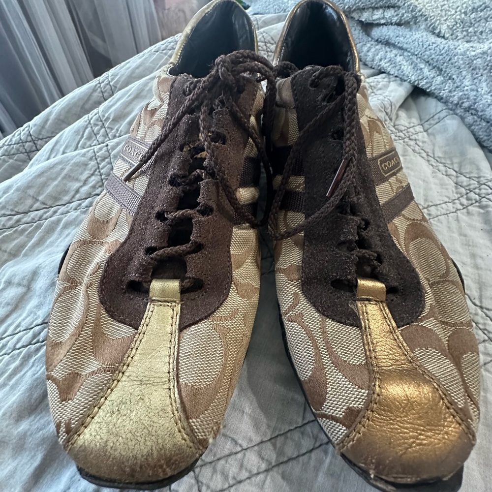Coach Signature Brown and Gold Lace-Up Shoes - Picture 3 of 5